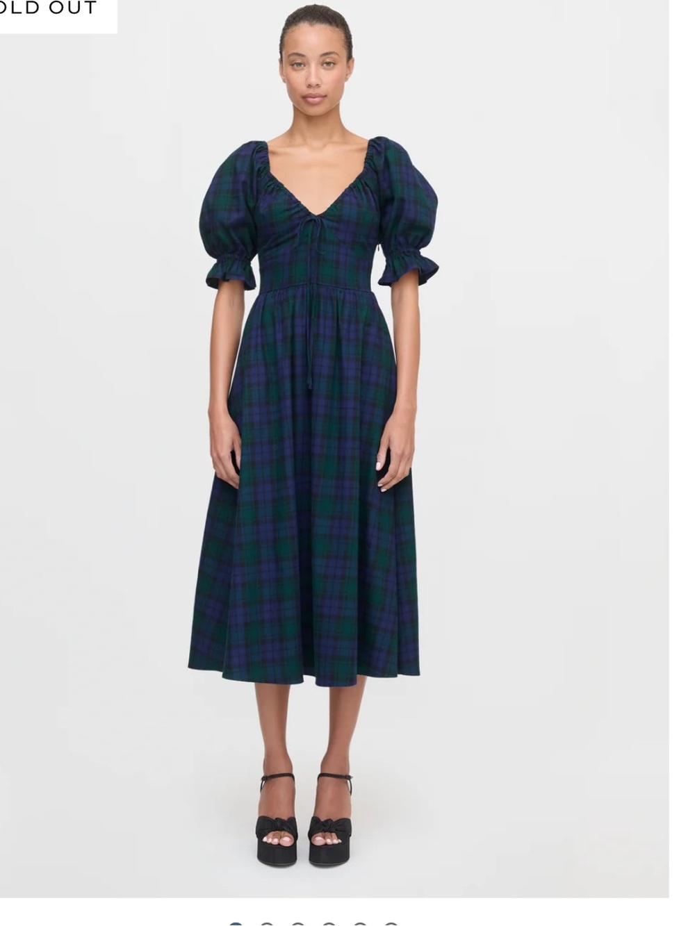 Hill House Ophelia Blackwatch Tartan Puff-Sleeve Midi Dress in Navy & Green